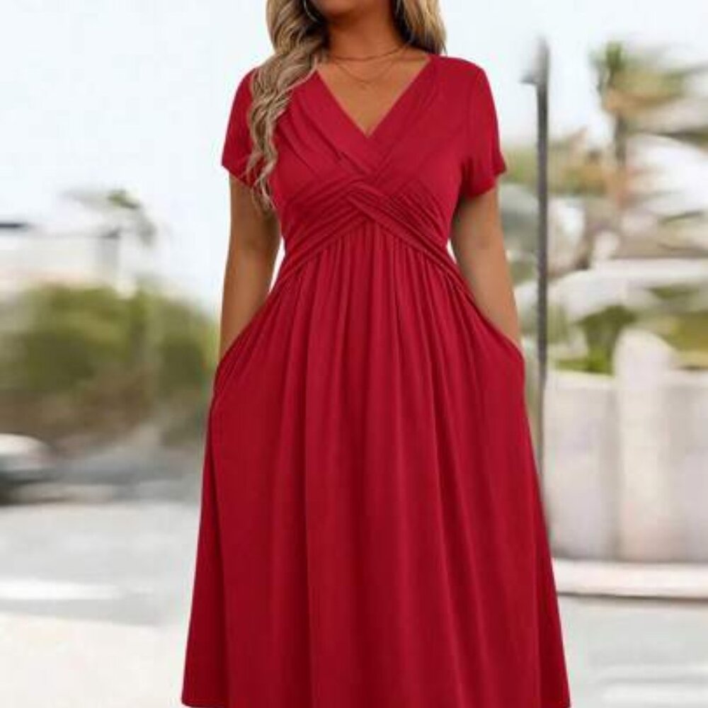 NWT SHEIN Women’s Red Midi Dress with Criss-Cross Detail on Front, Size‎ 2XL